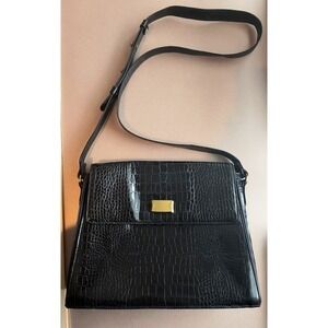 DKNY Vintage Black Croc Embossed Leather Shoulder Bag Gold Hardware 1990s, Y2K